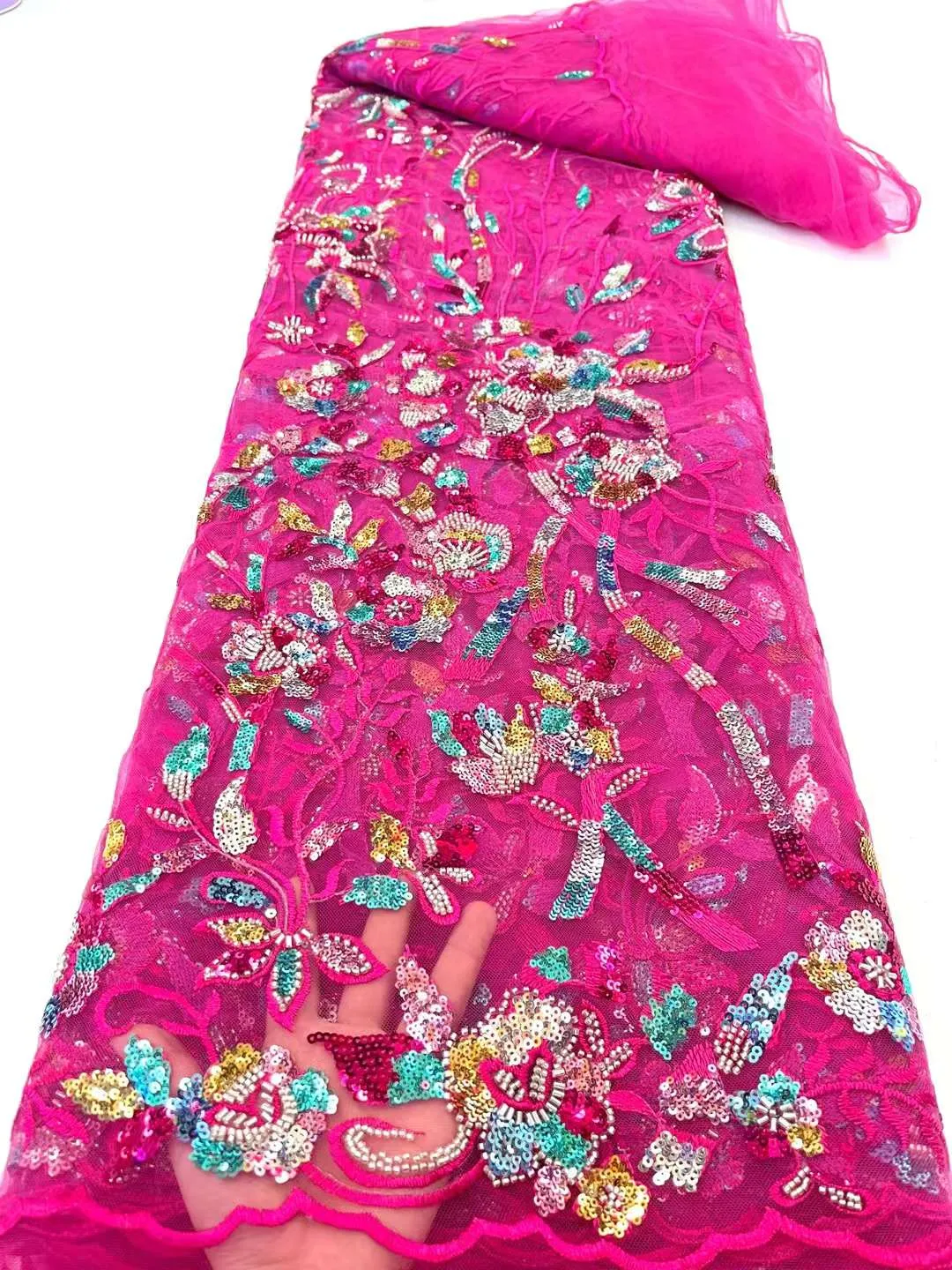 5 COLORS / 9 COLORS / Floral Heavy Beads Glitter Embroidered African French Mesh Lace Party Prom Bridal Dress Fabric