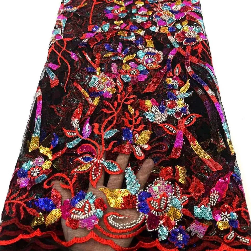 5 COLORS / 9 COLORS / Floral Heavy Beads Glitter Embroidered African French Mesh Lace Party Prom Bridal Dress Fabric