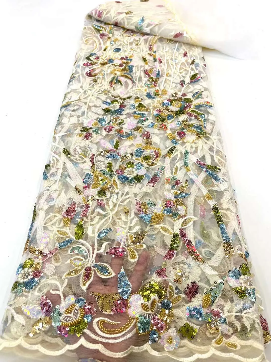 5 COLORS / 9 COLORS / Floral Heavy Beads Glitter Embroidered African French Mesh Lace Party Prom Bridal Dress Fabric