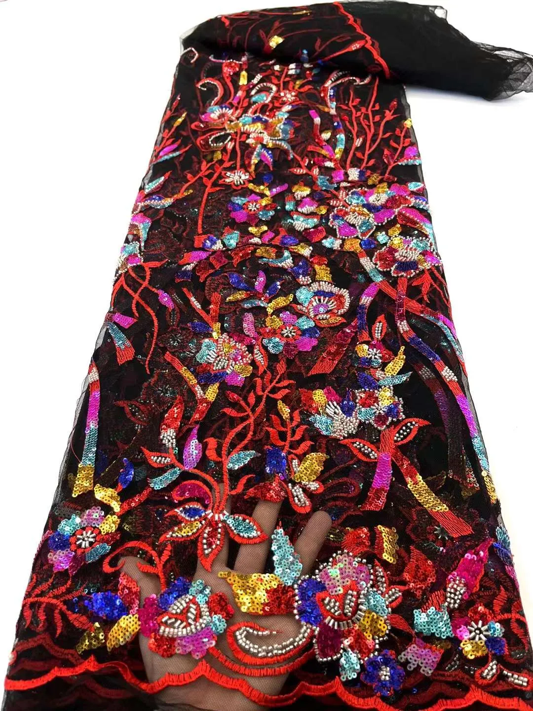 5 COLORS / 9 COLORS / Floral Heavy Beads Glitter Embroidered African French Mesh Lace Party Prom Bridal Dress Fabric
