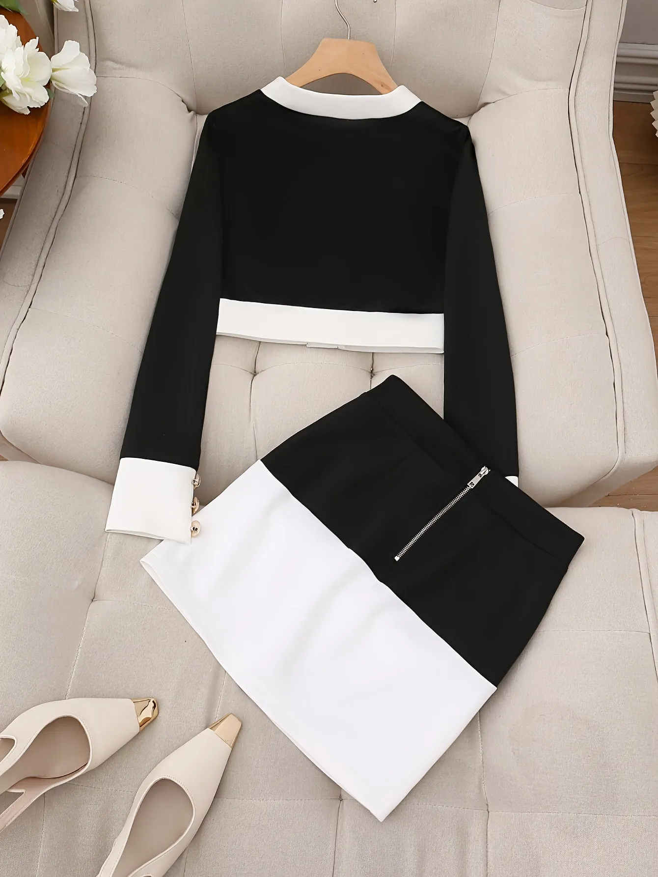 Ailigou 2022 New Aummer 2 Piece Suit Patchwork Black White O-Neck Long Sleeve Pocket Button Button Mini Hip Skirt Female Set