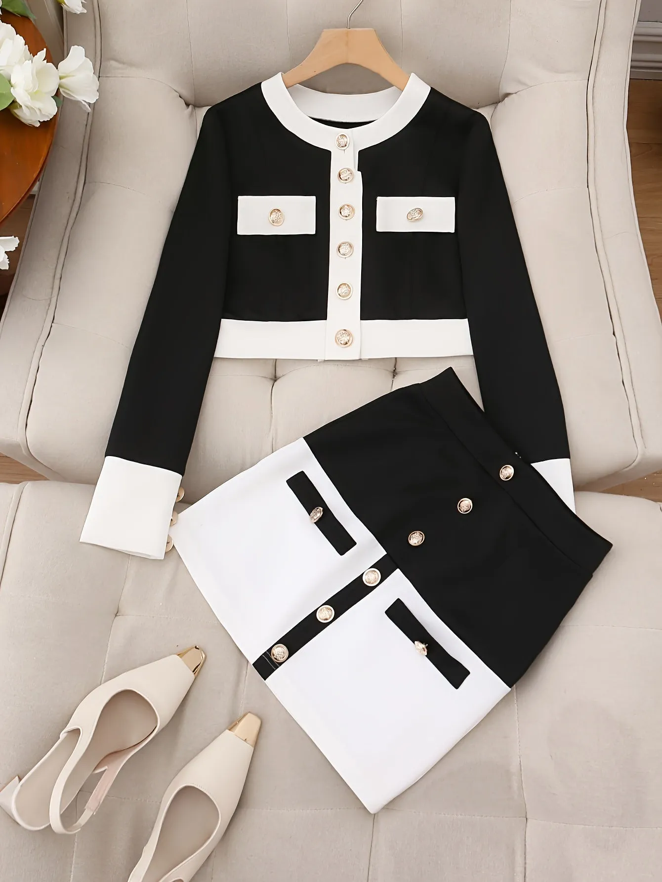 Ailigou 2022 New Aummer 2 Piece Suit Patchwork Black White O-Neck Long Sleeve Pocket Button Button Mini Hip Skirt Female Set