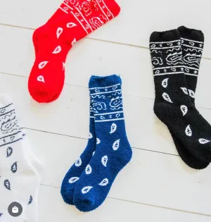 Bandana Cozy Crew Socks- Red or Navy