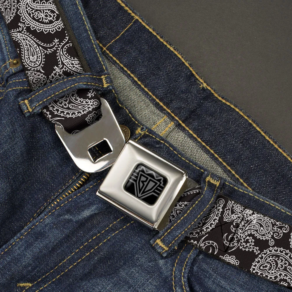 BD Wings Logo CLOSE-UP Black/Silver Seatbelt Belt - Paisley Black/White Webbing