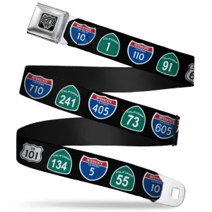 BD Wings Logo CLOSE-UP Full Color Black Silver Seatbelt Belt - California Highway Signs Black Webbing