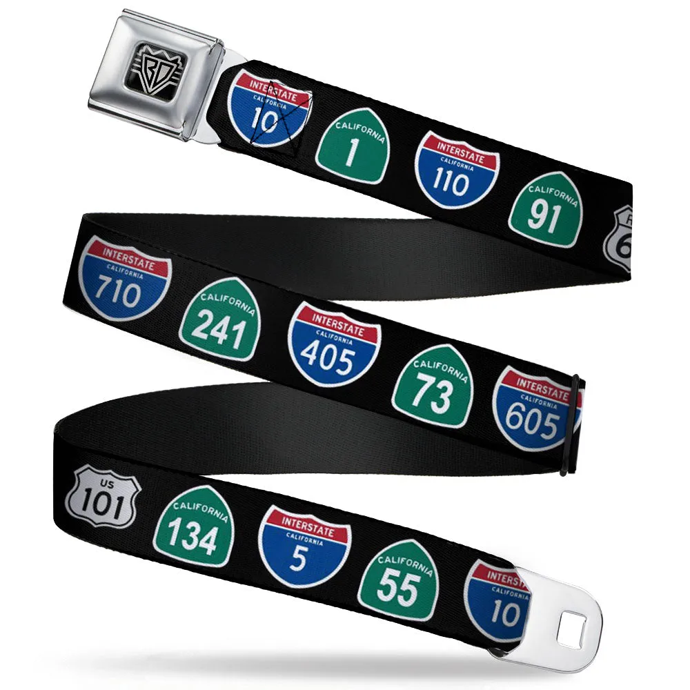 BD Wings Logo CLOSE-UP Full Color Black Silver Seatbelt Belt - California Highway Signs Black Webbing