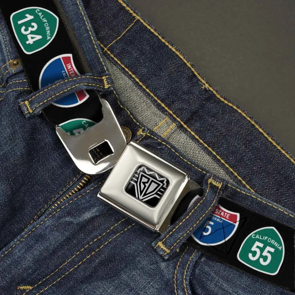BD Wings Logo CLOSE-UP Full Color Black Silver Seatbelt Belt - California Highway Signs Black Webbing