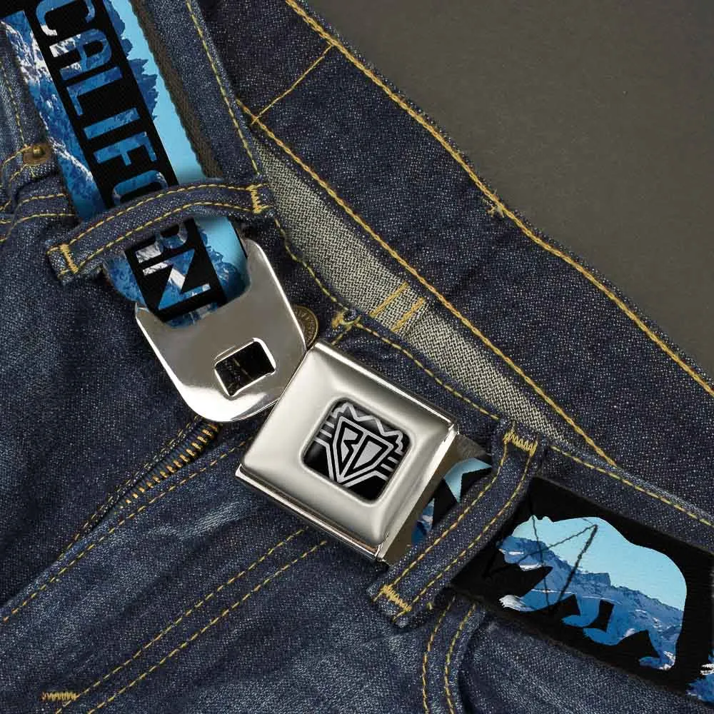 BD Wings Logo CLOSE-UP Full Color Black Silver Seatbelt Belt - CALIFORNIA REPUBLIC/Bear/Stars Silhouette Black/Scenic Mountains Webbing