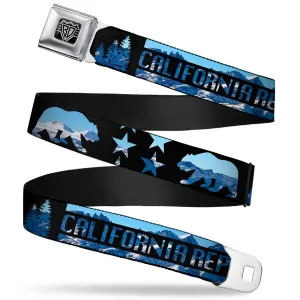 BD Wings Logo CLOSE-UP Full Color Black Silver Seatbelt Belt - CALIFORNIA REPUBLIC/Bear/Stars Silhouette Black/Scenic Mountains Webbing