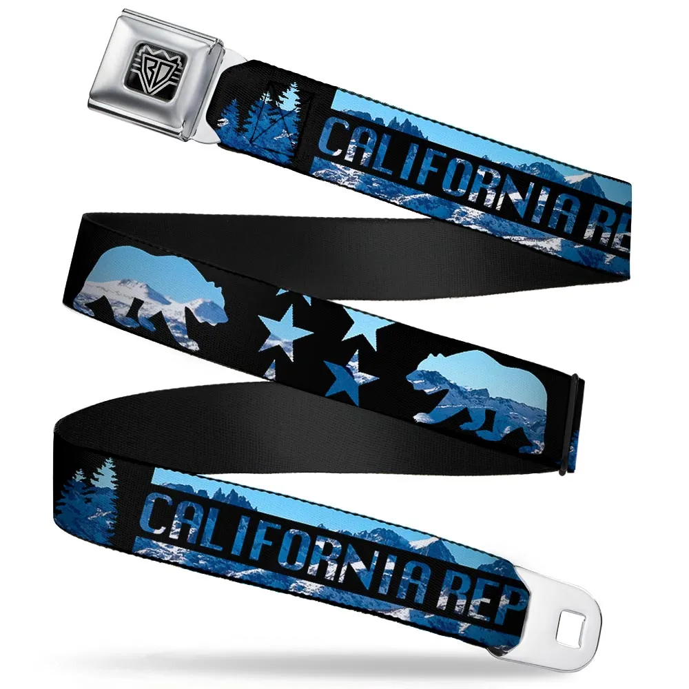 BD Wings Logo CLOSE-UP Full Color Black Silver Seatbelt Belt - CALIFORNIA REPUBLIC/Bear/Stars Silhouette Black/Scenic Mountains Webbing