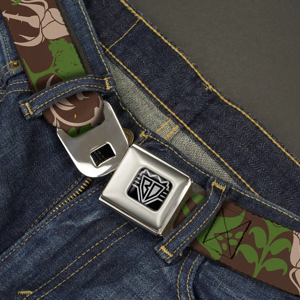 BD Wings Logo CLOSE-UP Full Color Black Silver Seatbelt Belt - Earthy Brown/Green Webbing