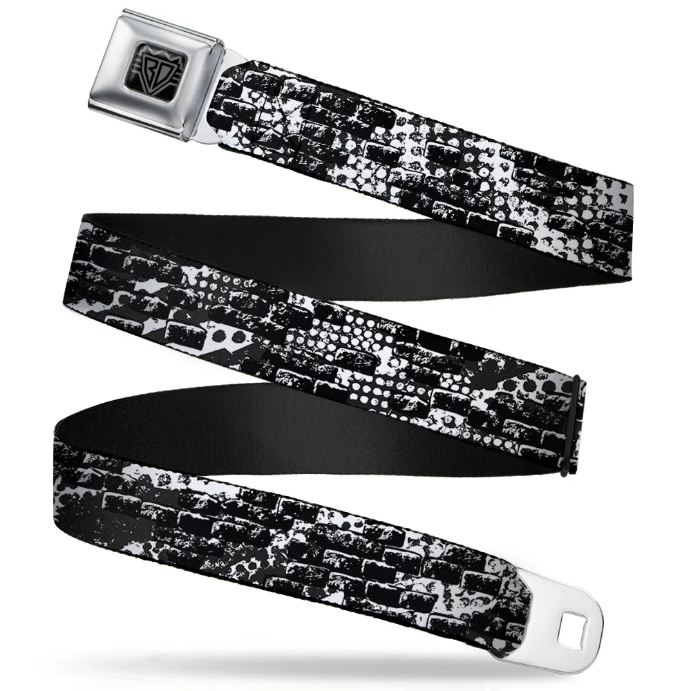 BD Wings Logo CLOSE-UP Full Color Black Silver Seatbelt Belt - Grunge Bricks Black/White Webbing