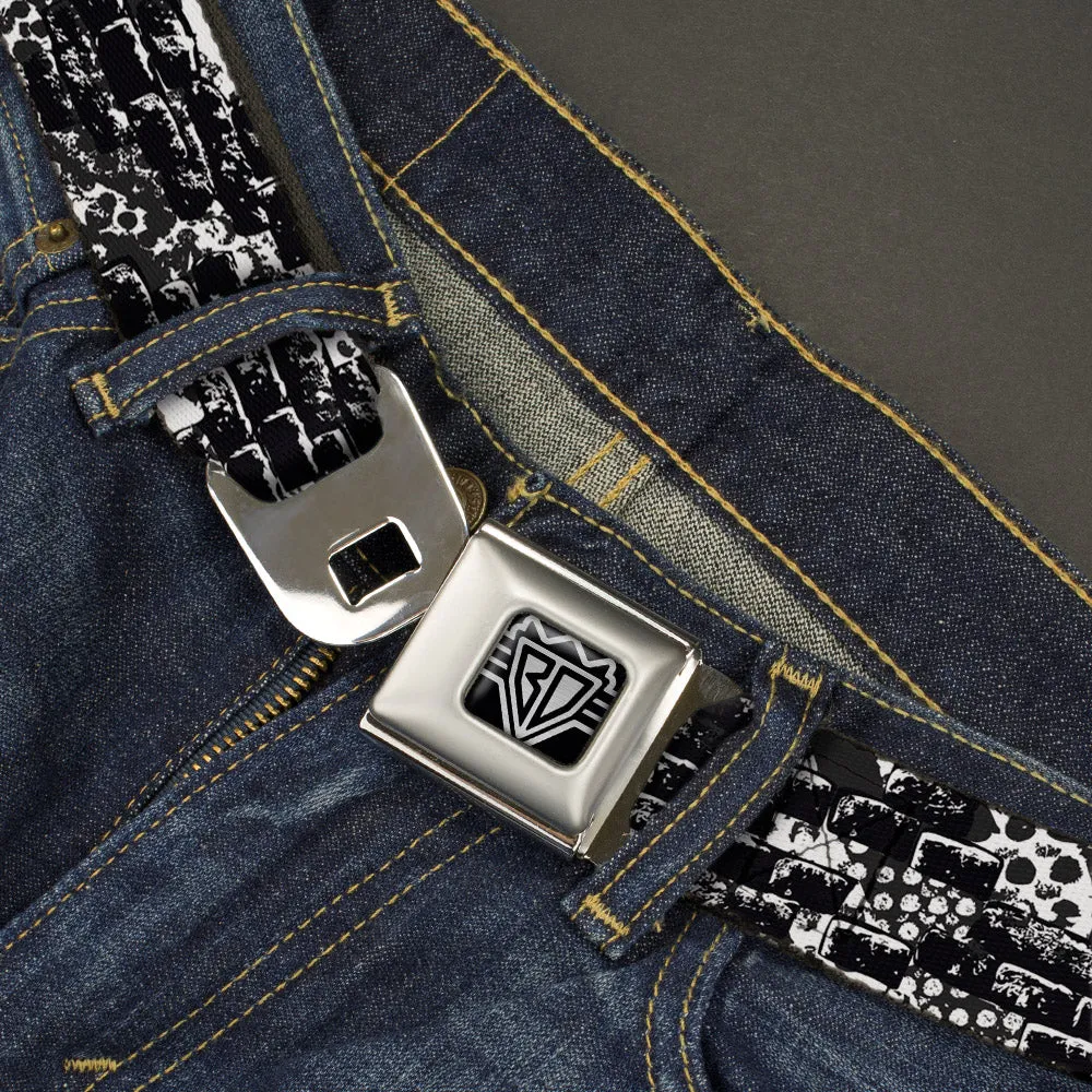 BD Wings Logo CLOSE-UP Full Color Black Silver Seatbelt Belt - Grunge Bricks Black/White Webbing