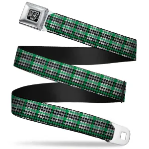 BD Wings Logo CLOSE-UP Full Color Black Silver Seatbelt Belt - Mini Houndstooth Green/Black/Gray Webbing