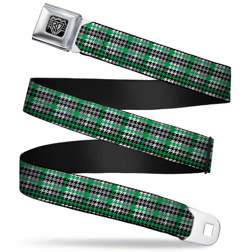 BD Wings Logo CLOSE-UP Full Color Black Silver Seatbelt Belt - Mini Houndstooth Green/Black/Gray Webbing