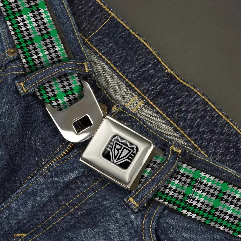 BD Wings Logo CLOSE-UP Full Color Black Silver Seatbelt Belt - Mini Houndstooth Green/Black/Gray Webbing