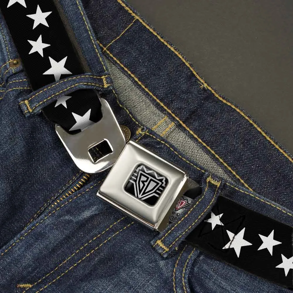 BD Wings Logo CLOSE-UP Full Color Black Silver Seatbelt Belt - Multi Stars Black/White Webbing
