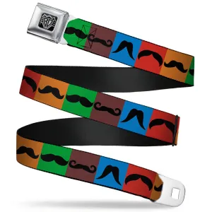 BD Wings Logo CLOSE-UP Full Color Black Silver Seatbelt Belt - Mustaches Multi Color Blocks/Black Webbing