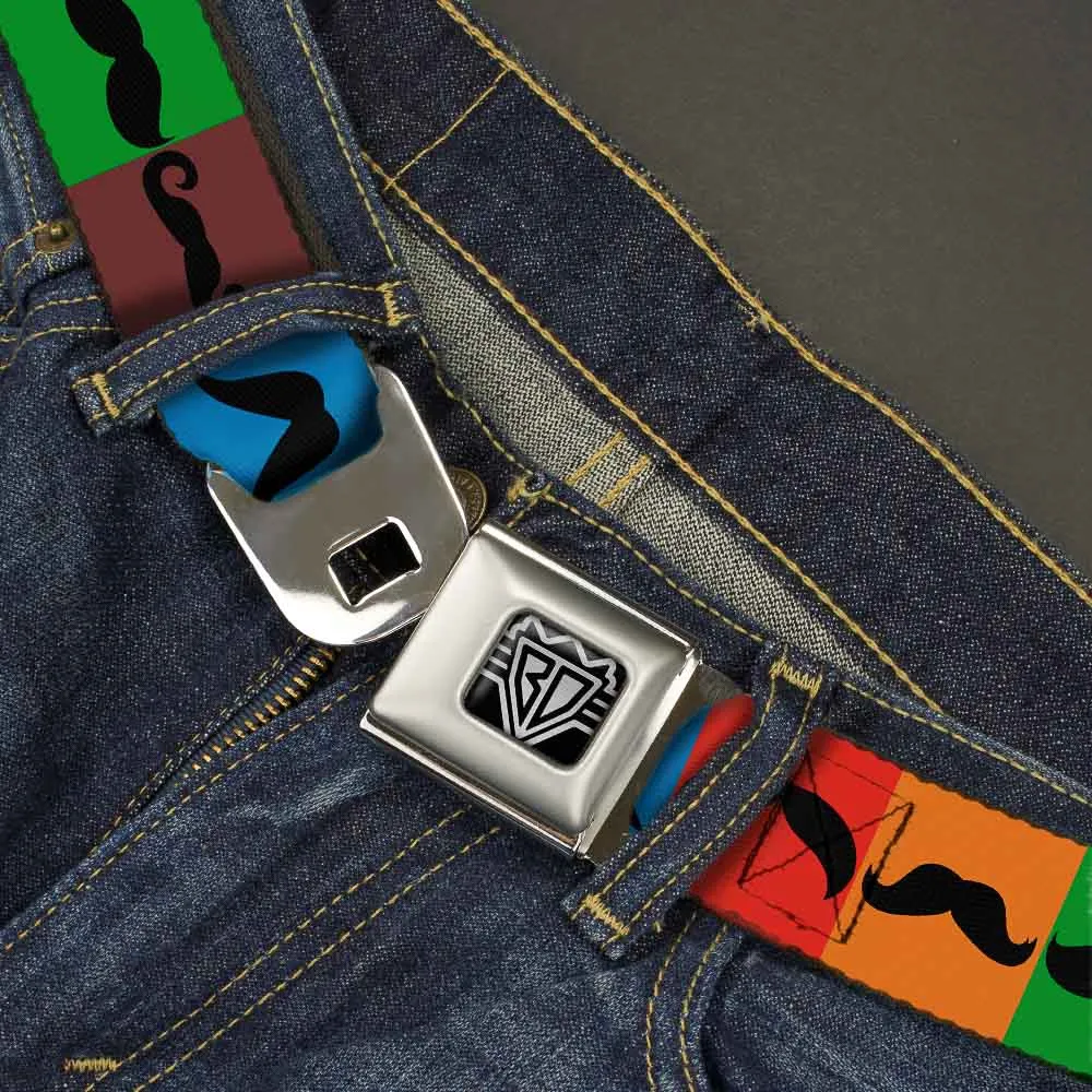 BD Wings Logo CLOSE-UP Full Color Black Silver Seatbelt Belt - Mustaches Multi Color Blocks/Black Webbing