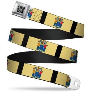 BD Wings Logo CLOSE-UP Full Color Black Silver Seatbelt Belt - New Jersey Flags/Black Webbing