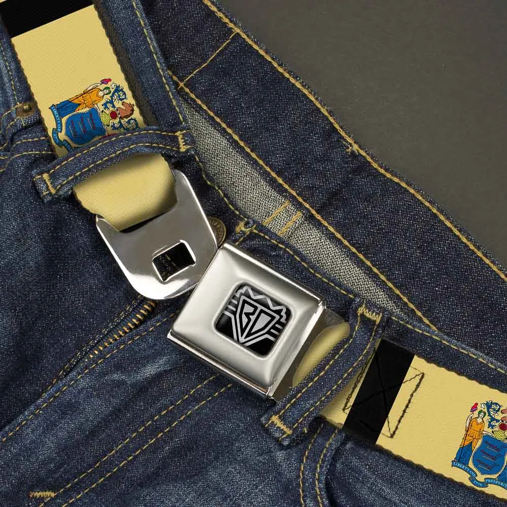 BD Wings Logo CLOSE-UP Full Color Black Silver Seatbelt Belt - New Jersey Flags/Black Webbing