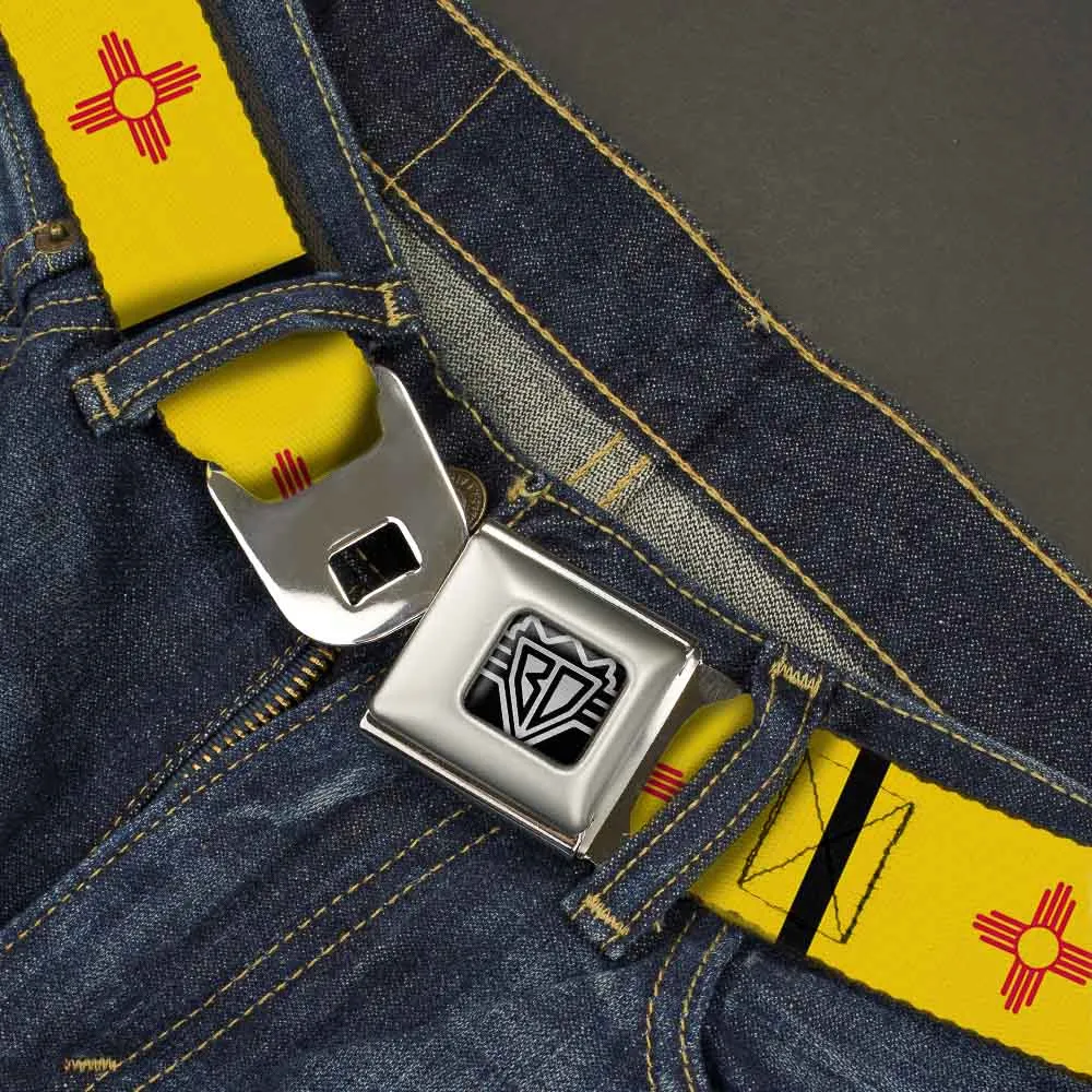 BD Wings Logo CLOSE-UP Full Color Black Silver Seatbelt Belt - New Mexico Flag/Black Webbing