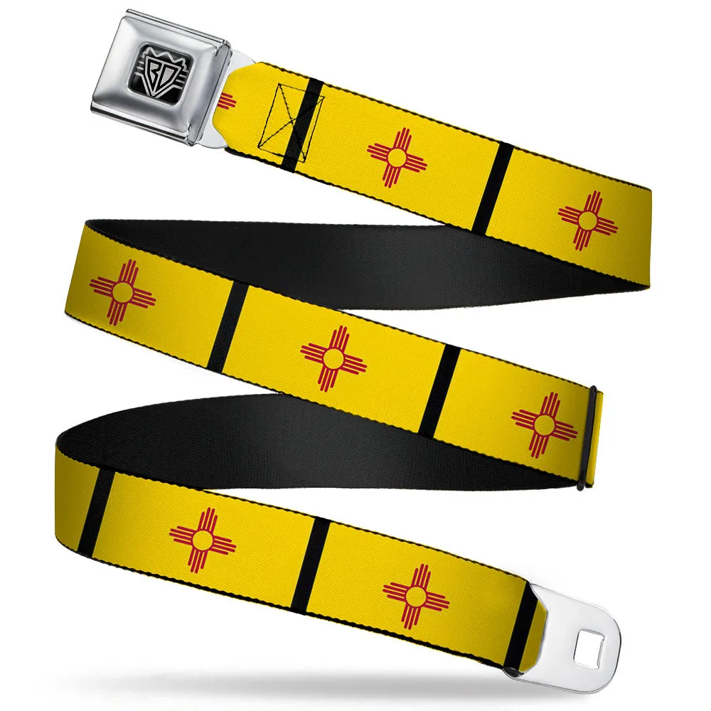 BD Wings Logo CLOSE-UP Full Color Black Silver Seatbelt Belt - New Mexico Flag/Black Webbing