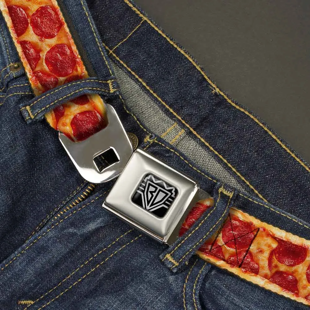 BD Wings Logo CLOSE-UP Full Color Black Silver Seatbelt Belt - Pepperoni Pizza w/Crust Vivid Webbing