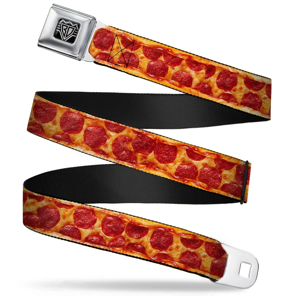 BD Wings Logo CLOSE-UP Full Color Black Silver Seatbelt Belt - Pepperoni Pizza w/Crust Vivid Webbing