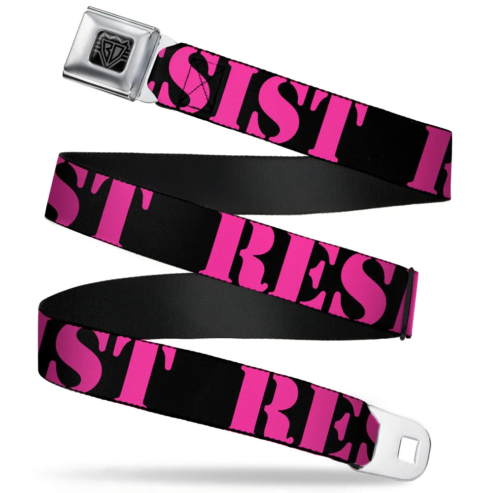 BD Wings Logo CLOSE-UP Full Color Black Silver Seatbelt Belt - RESIST Stencil Black/Pink Webbing