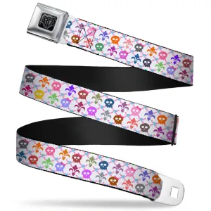 BD Wings Logo CLOSE-UP Full Color Black Silver Seatbelt Belt - Skull & Fleur-de-Lis White/Multi Color Webbing