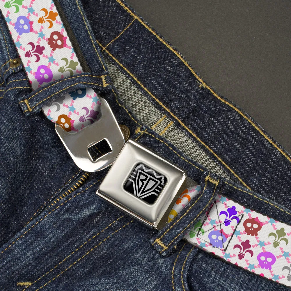 BD Wings Logo CLOSE-UP Full Color Black Silver Seatbelt Belt - Skull & Fleur-de-Lis White/Multi Color Webbing