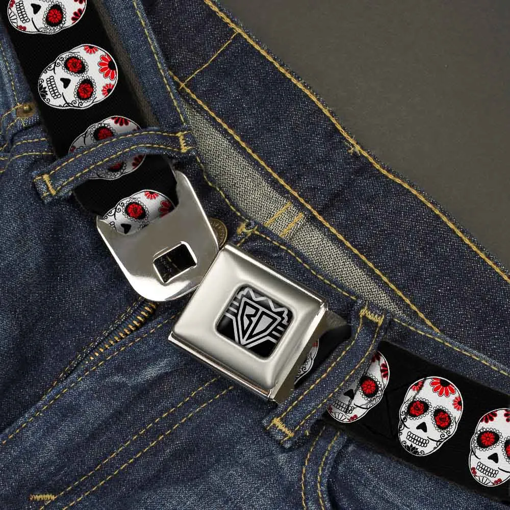 BD Wings Logo CLOSE-UP Full Color Black Silver Seatbelt Belt - Sugar Skulls Black/White/Red Webbing