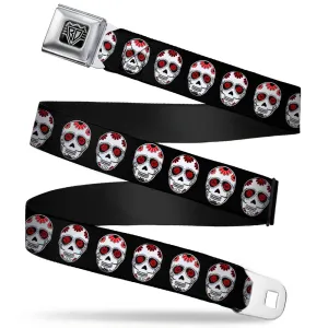 BD Wings Logo CLOSE-UP Full Color Black Silver Seatbelt Belt - Sugar Skulls Black/White/Red Webbing