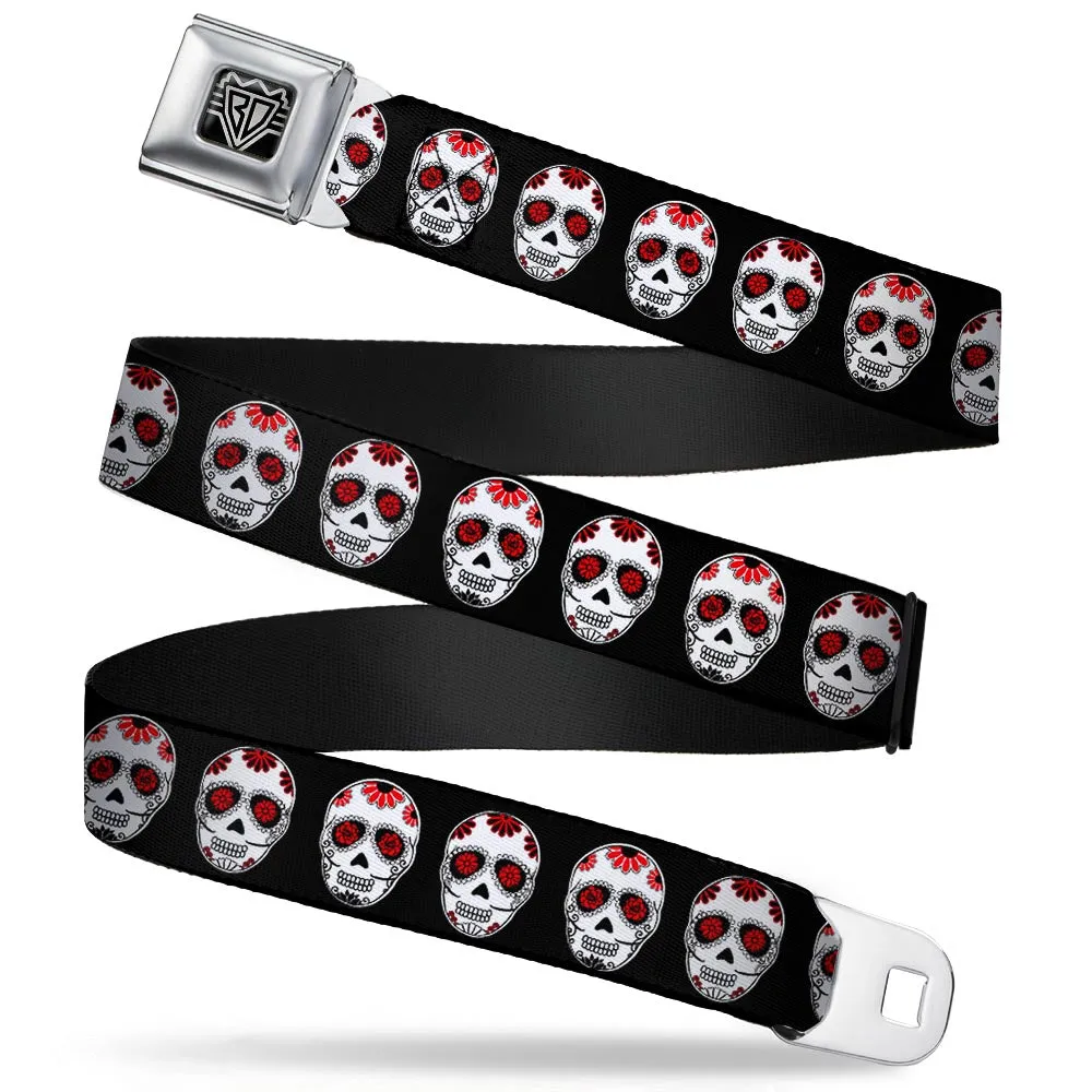 BD Wings Logo CLOSE-UP Full Color Black Silver Seatbelt Belt - Sugar Skulls Black/White/Red Webbing