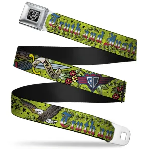 BD Wings Logo CLOSE-UP Full Color Black Silver Seatbelt Belt - Truth and Justice Green Webbing