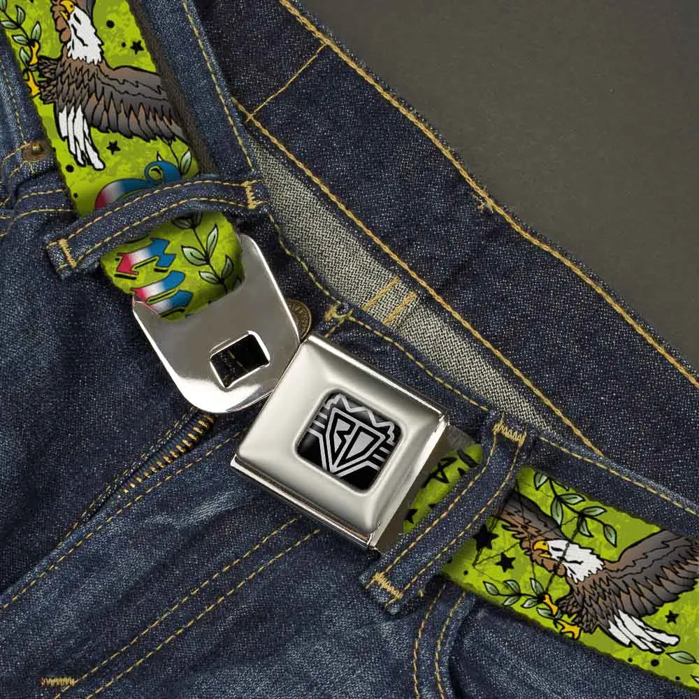 BD Wings Logo CLOSE-UP Full Color Black Silver Seatbelt Belt - Truth and Justice Green Webbing