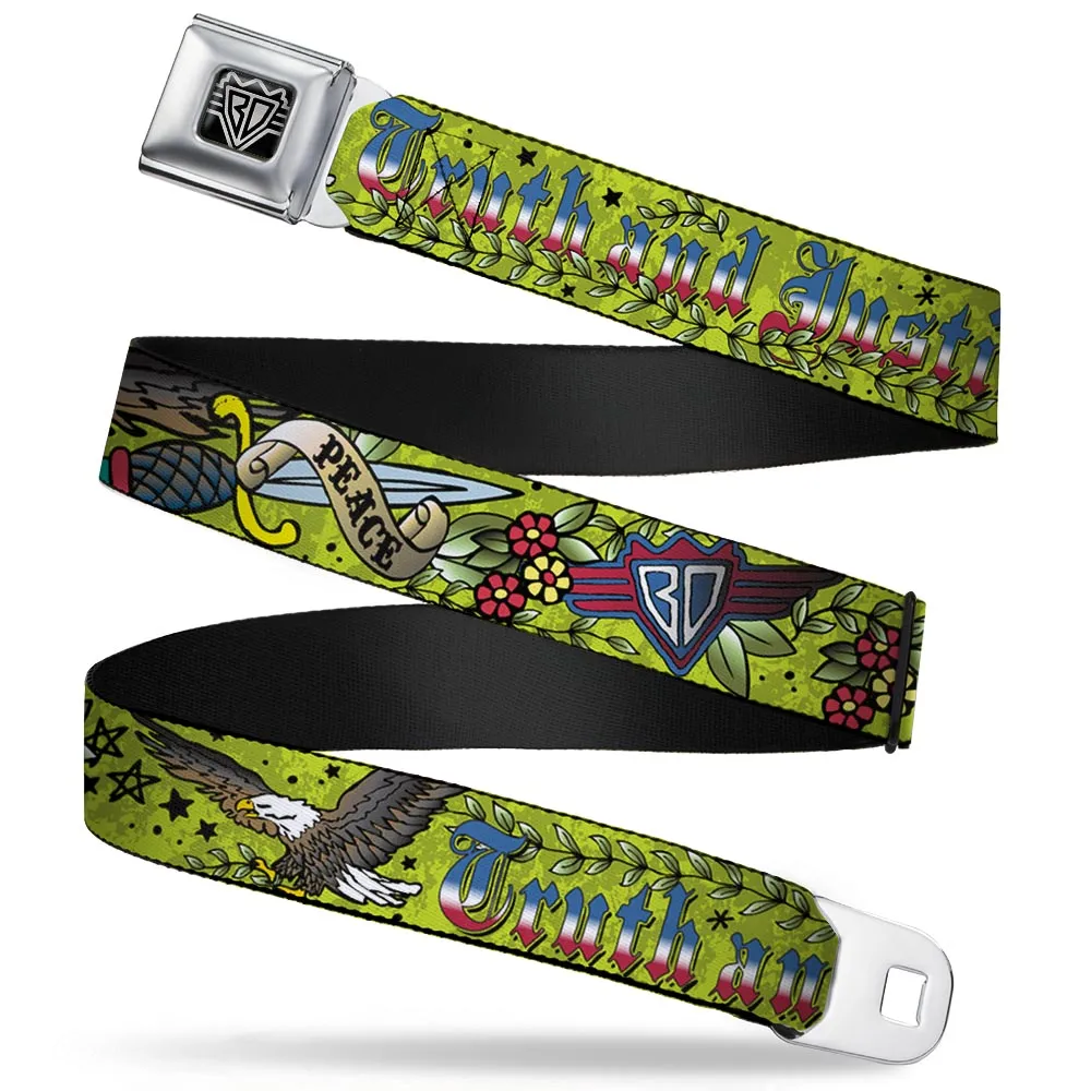 BD Wings Logo CLOSE-UP Full Color Black Silver Seatbelt Belt - Truth and Justice Green Webbing