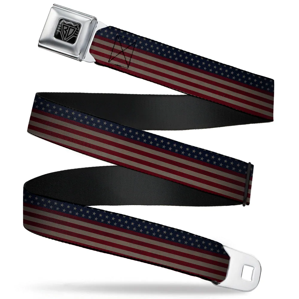 BD Wings Logo CLOSE-UP Full Color Black Silver Seatbelt Belt - United States Flag Stars & Stripes Distressed Webbing