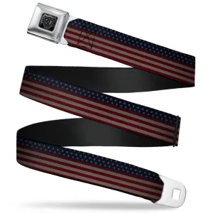 BD Wings Logo CLOSE-UP Full Color Black Silver Seatbelt Belt - United States Flag Stars & Stripes Distressed Webbing