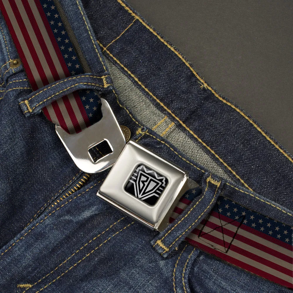 BD Wings Logo CLOSE-UP Full Color Black Silver Seatbelt Belt - United States Flag Stars & Stripes Distressed Webbing