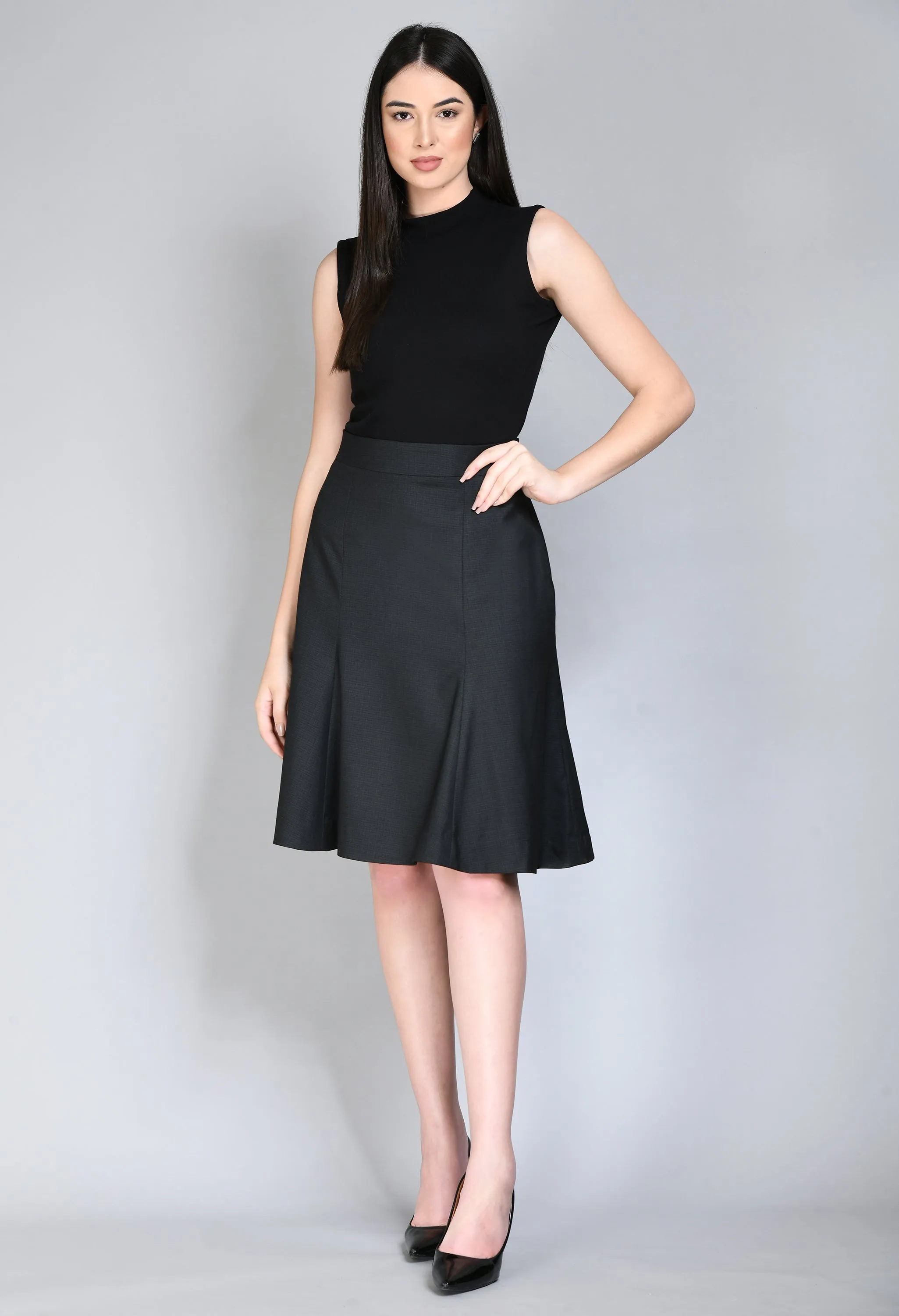 Black Cotton Blend Decisiveness Checked A-Line Skirt
