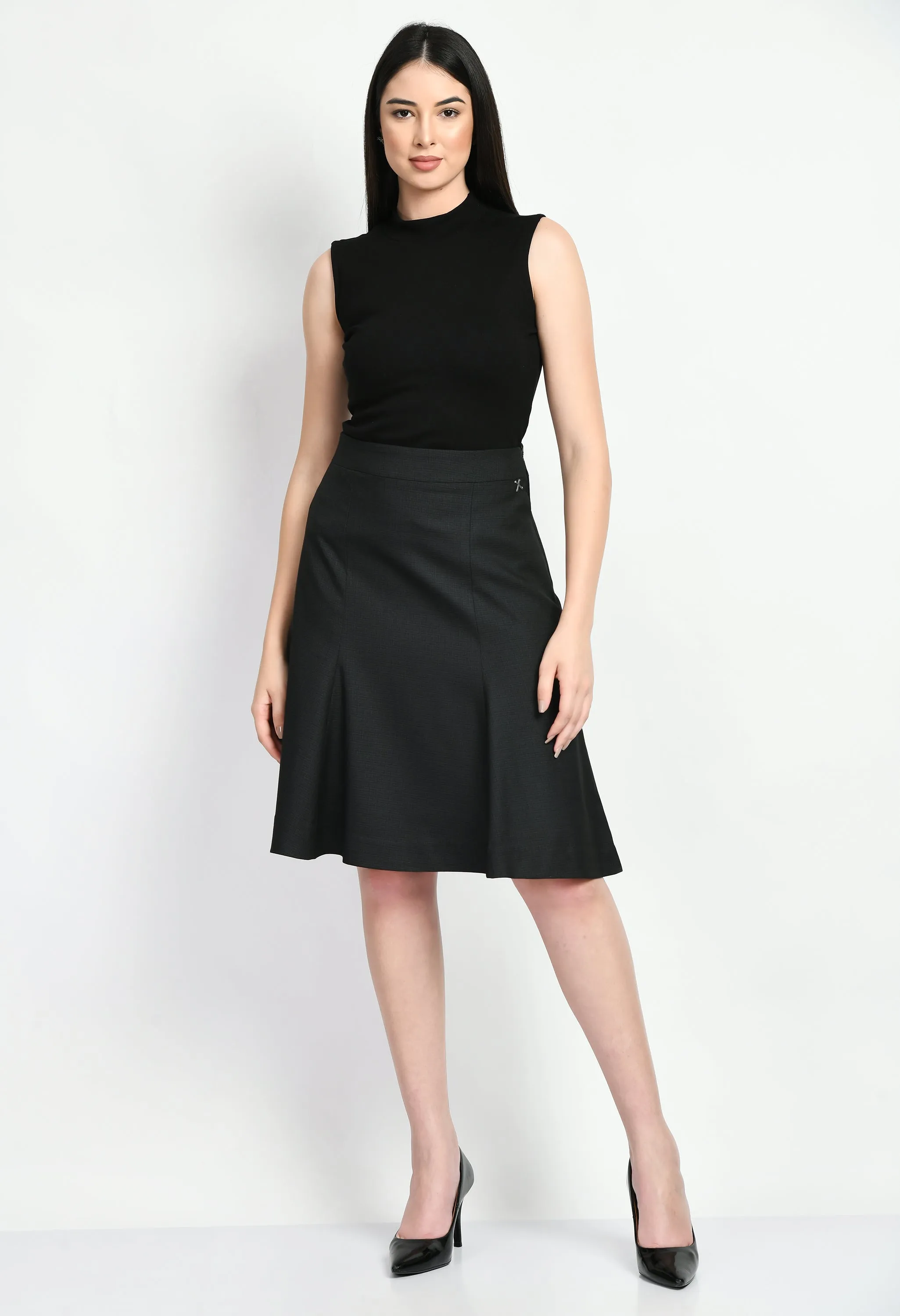 Black Cotton Blend Decisiveness Checked A-Line Skirt