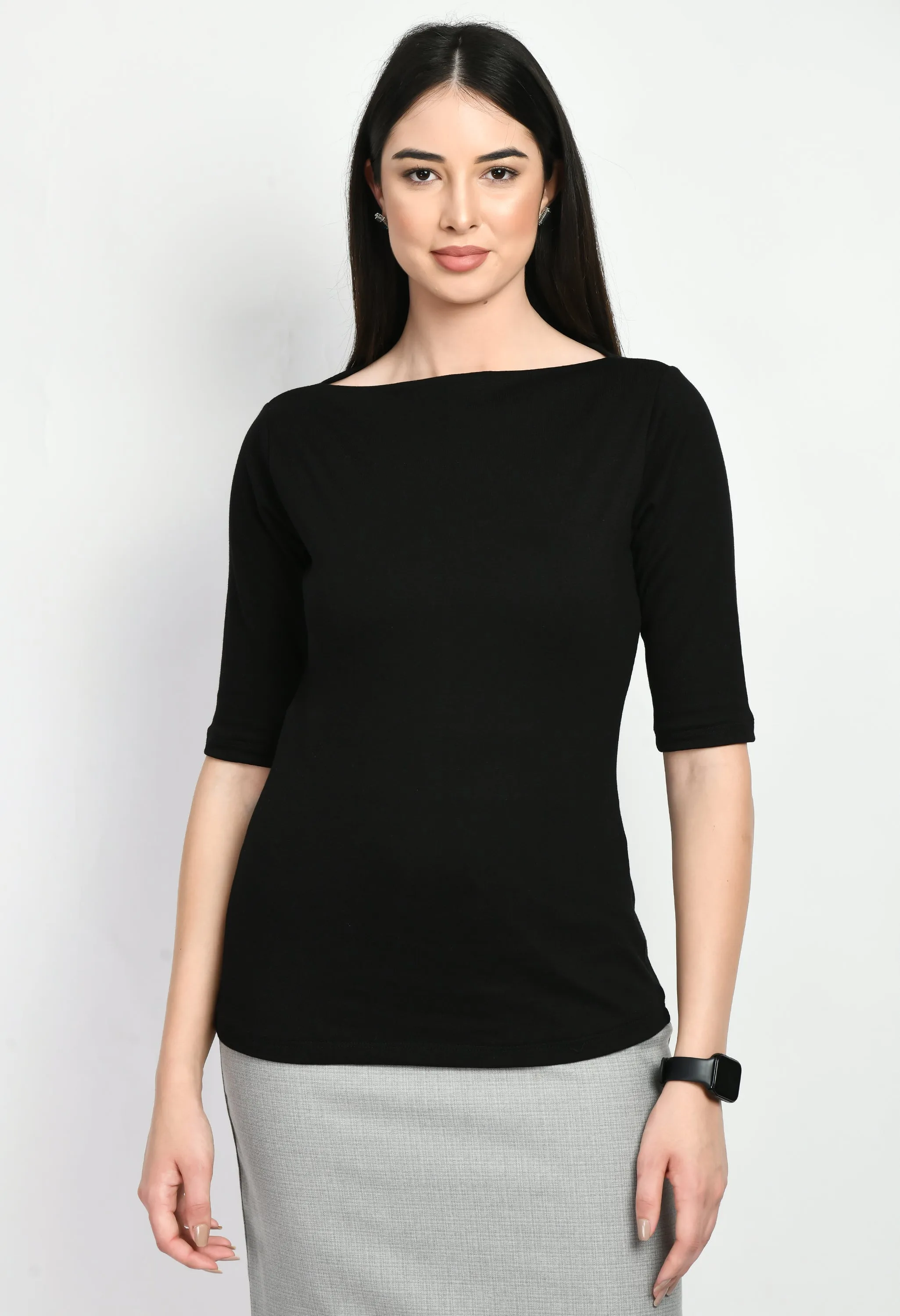 Black Cotton Blend Gratitude Boat Neck T-Shirt Only