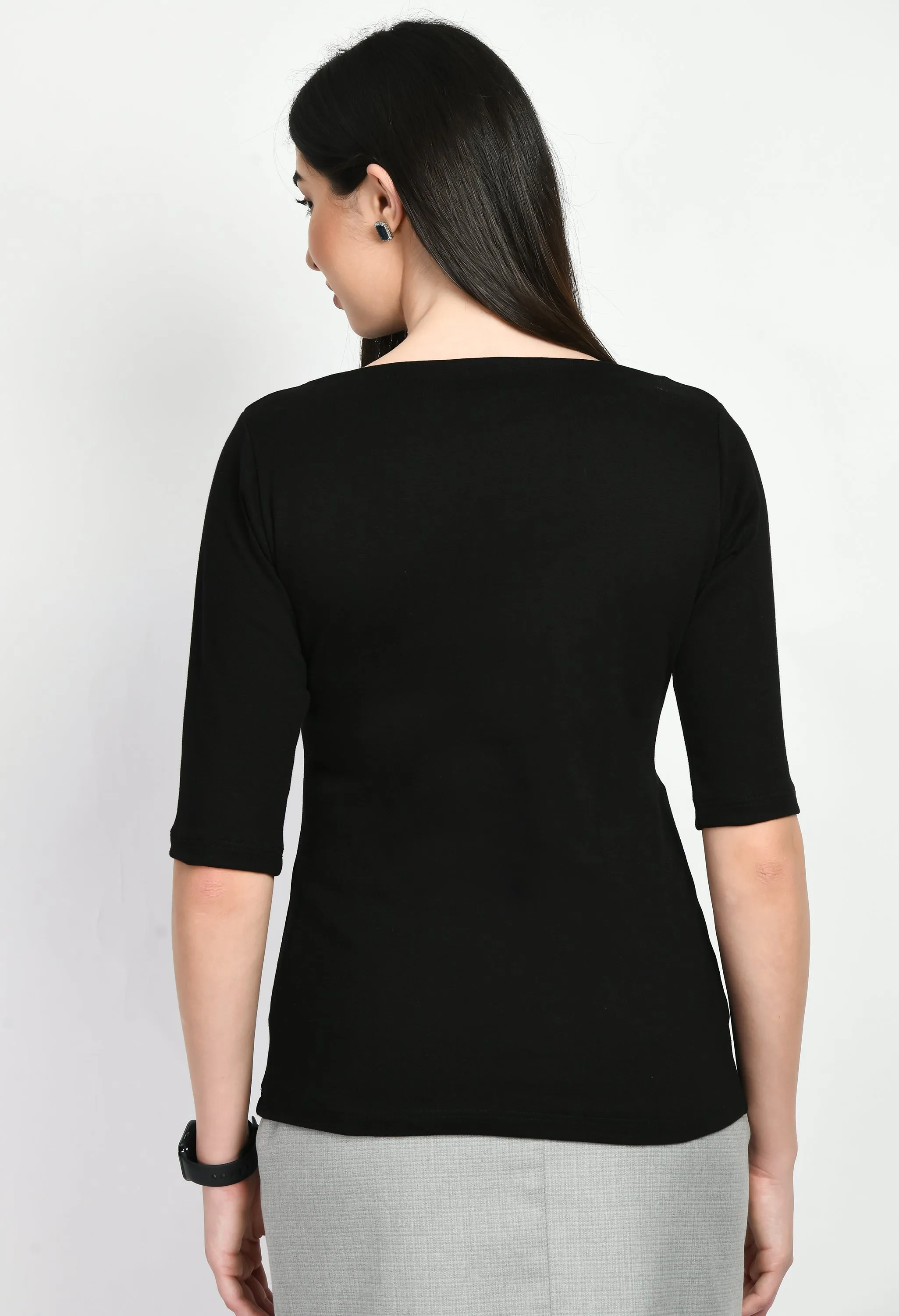 Black Cotton Blend Gratitude Boat Neck T-Shirt Only