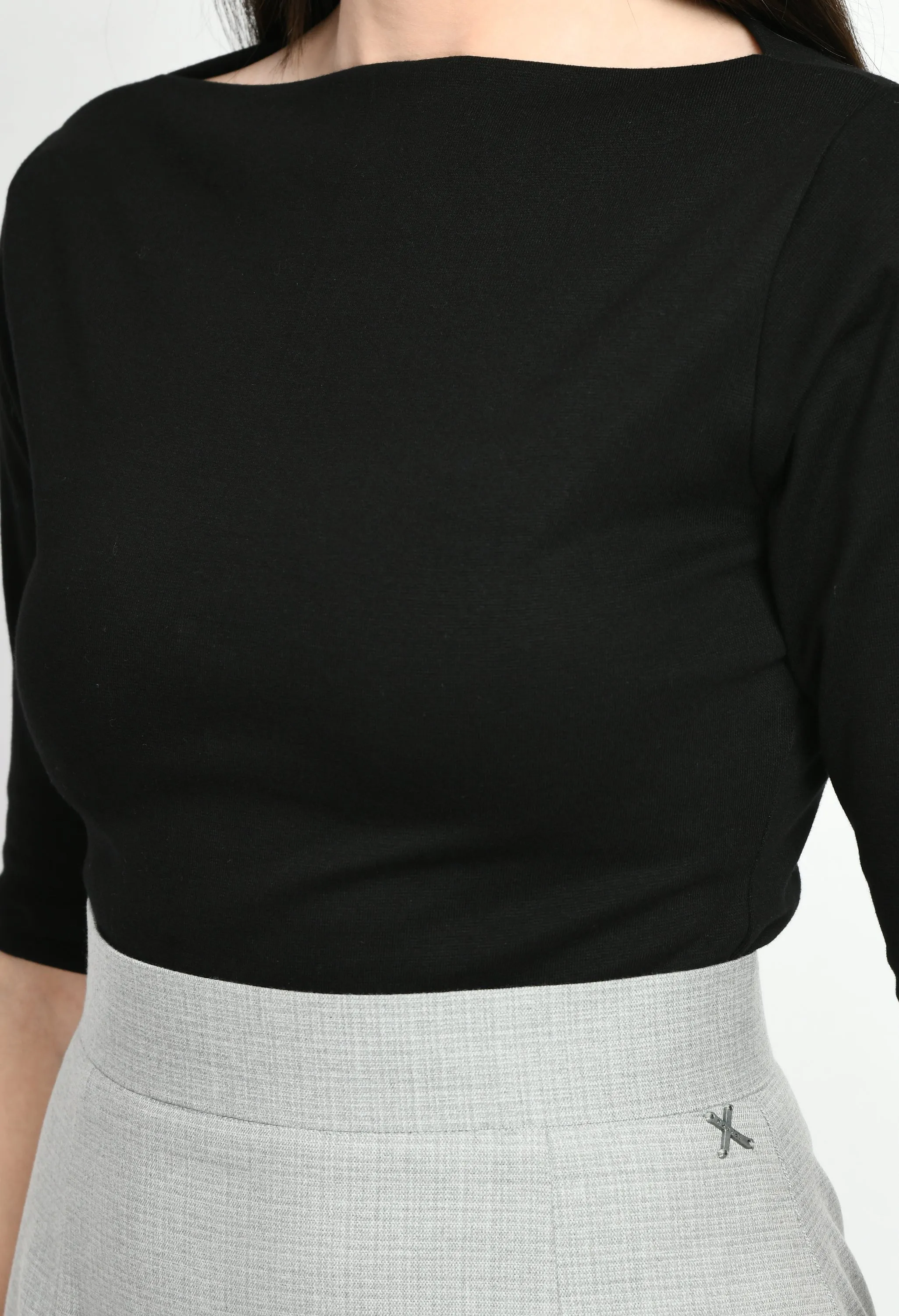 Black Cotton Blend Gratitude Boat Neck T-Shirt Only