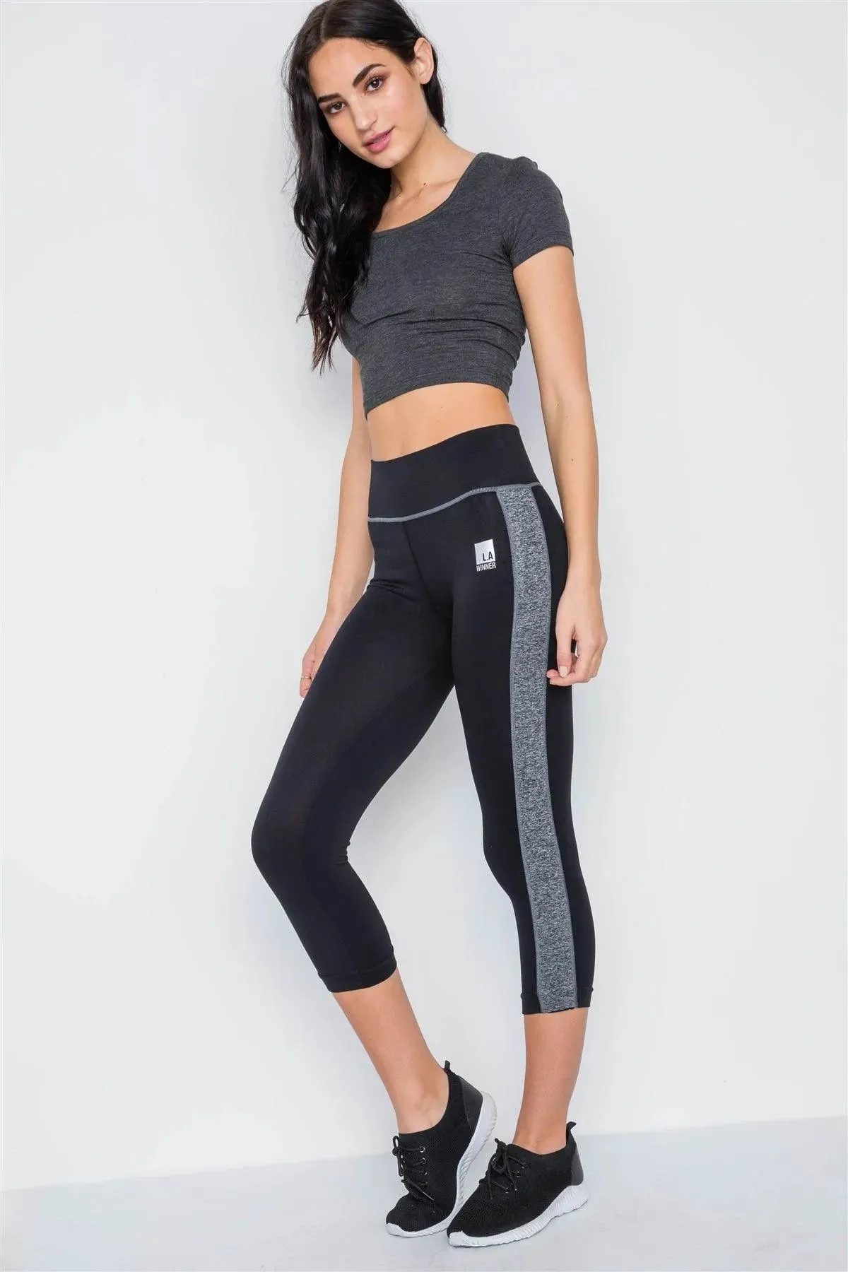 Black Grey Contrast Stripe Active Sporty Leggings /5-5