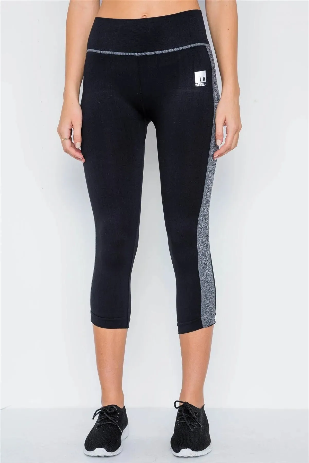 Black Grey Contrast Stripe Active Sporty Leggings /5-5