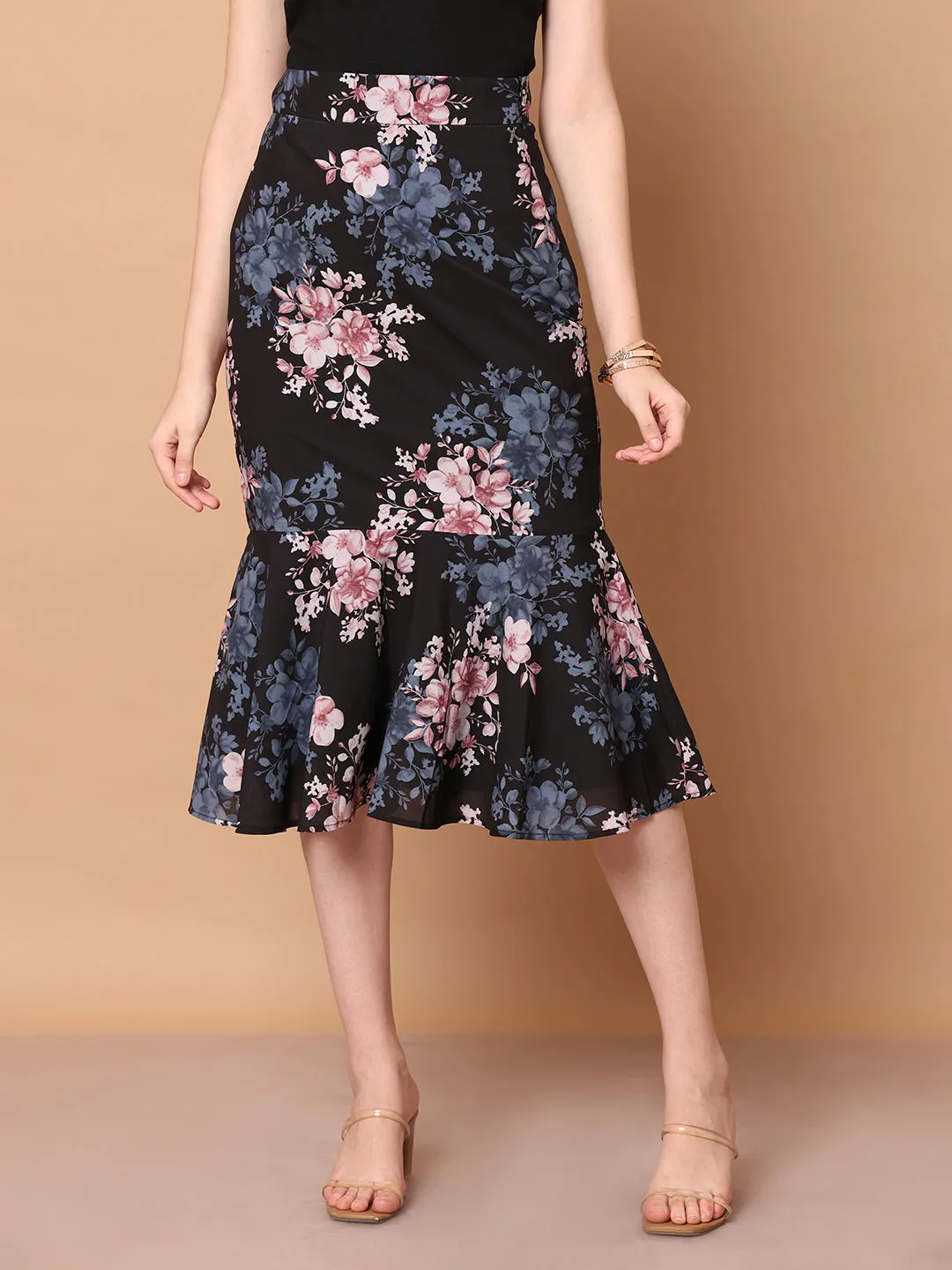 Black Polyester Radiant Reflections Floral Midi Skirt