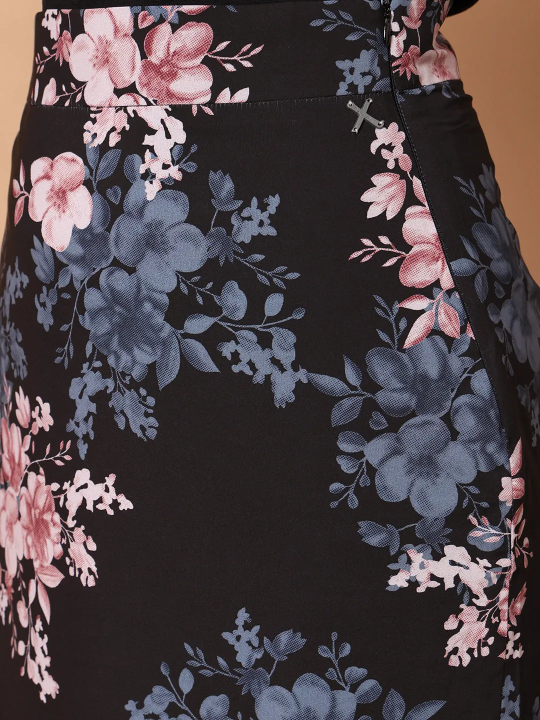 Black Polyester Radiant Reflections Floral Midi Skirt